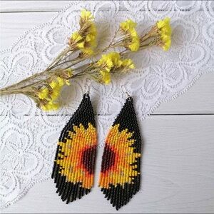 Hand Crafted Boho Sunflower Burst Seed Bead Black Fringe Earrings